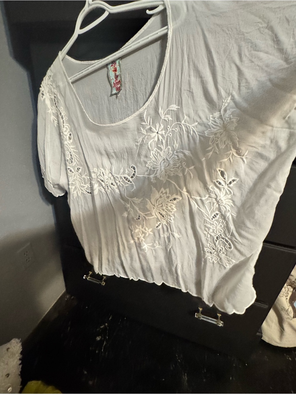 Johnny Was White Sheer Embroidered Blouse